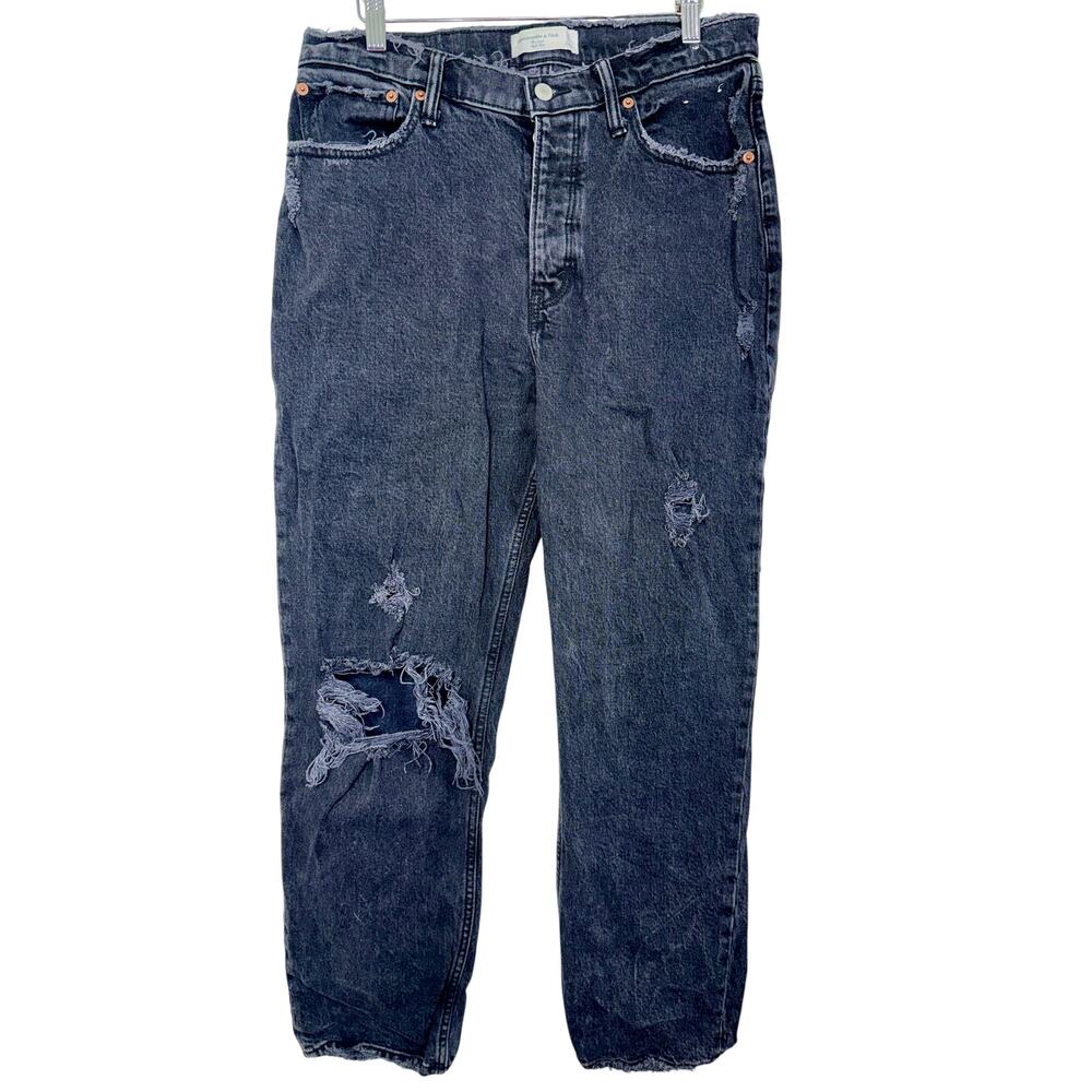 Abercrombie & Fitch Dad High Rise Black Wash Denim Distressed Jeans Size 30 10 R
